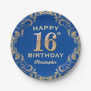 16th Birthday Party Blue and Gold Glitter Frame Paper Plate