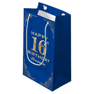 16th Birthday Party Blue and Gold Glitter Frame Small Gift Bag