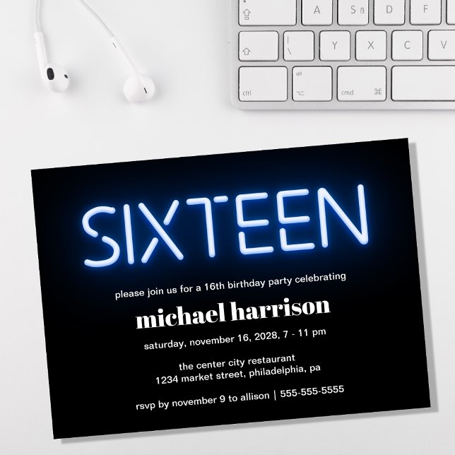 16th Birthday Party Blue Neon Lights Invitation (Creator Uploaded)