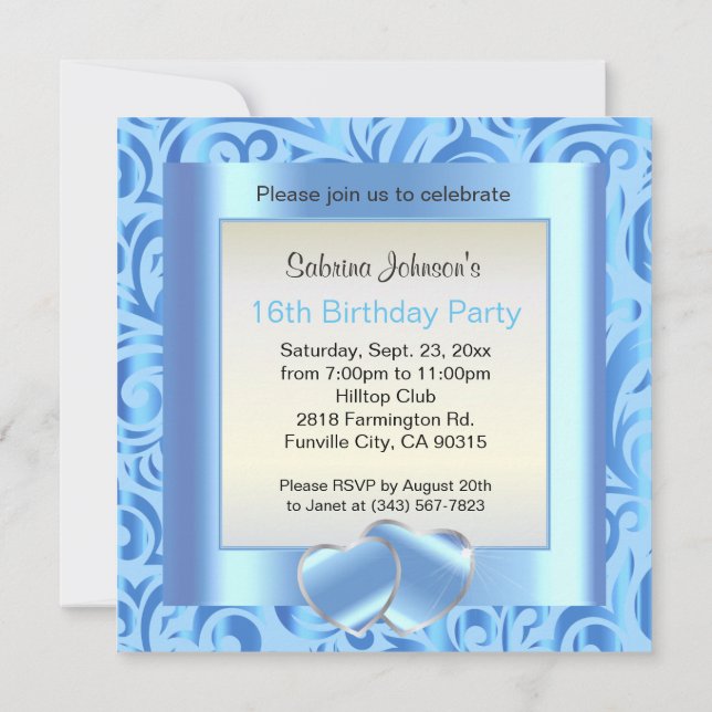 16th Birthday Party | Blue, Silver & White Verder Invitation (Back)