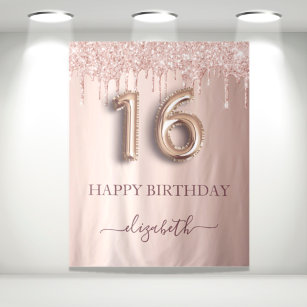 16th birthday party blush pink rose gold glitter tapestry