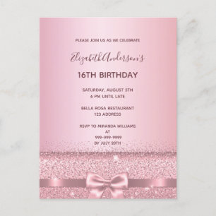 16th birthday party blush pink sparkle invitation postcard