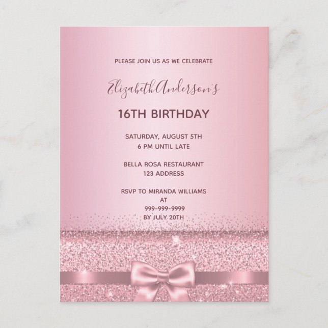 16th birthday party blush pink sparkle invitation postcard (Front)