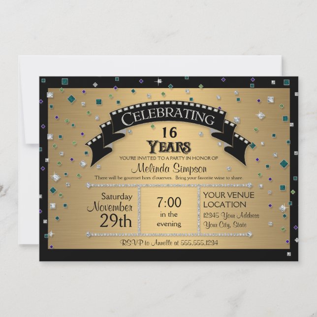 16th Birthday Party Celebrate Faux Jewel Confetti Invitation (Front)