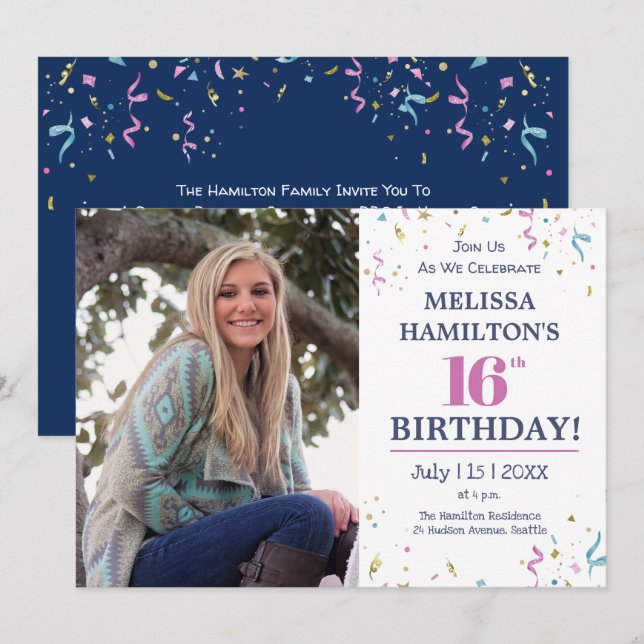 16th Birthday Party Celebration with Photo Invitation (Front/Back)