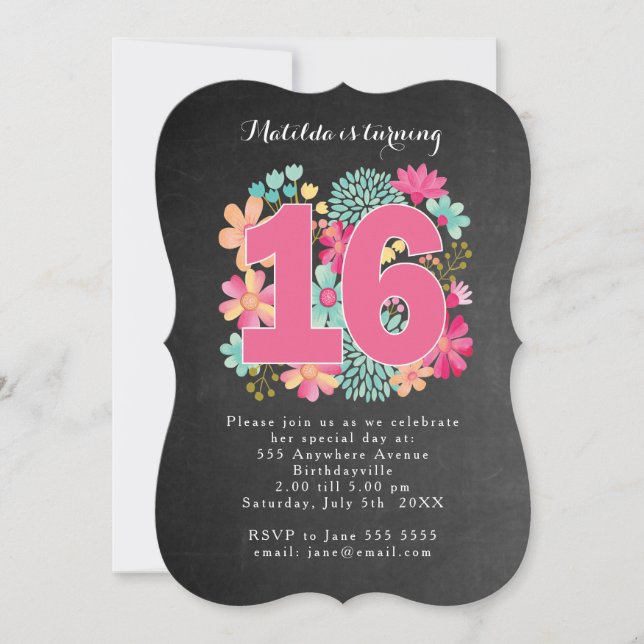 16th Birthday Party Chalkboard Painted Floral Invitation (Front)