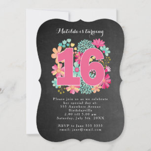16th Birthday Party Chalkboard Painted Floral Invitation