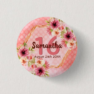 16th birthday party coral gold dahlia flowers 3 cm round badge