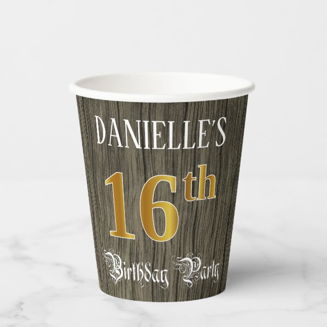 16th Birthday Party — Faux Gold & Faux Wood Looks Paper Cups (Front)