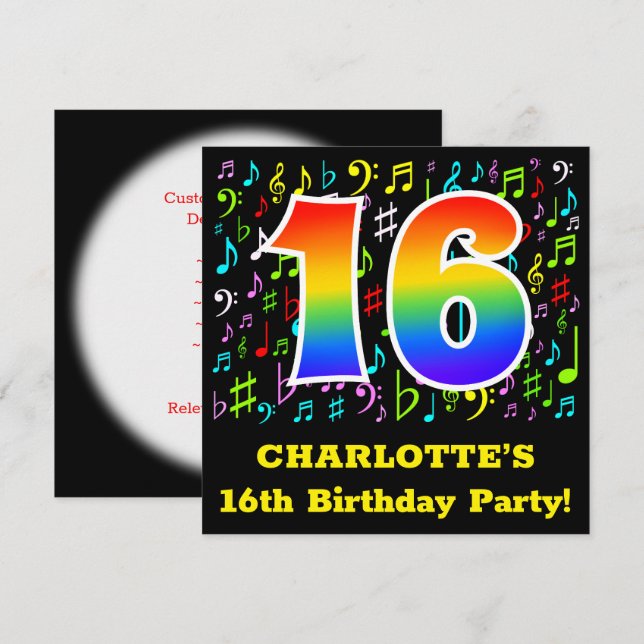 16th Birthday Party: Fun Music Symbols, Rainbow 16 Invitation (Front/Back)