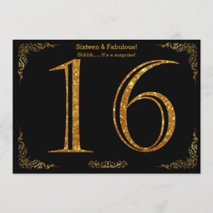16th Birthday party,Gatsby styl,black gold glitter Invitation