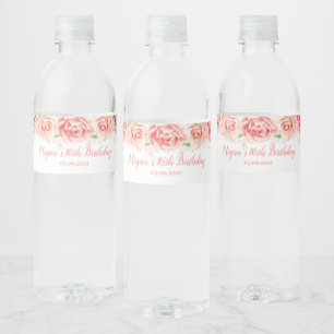 16th Birthday Party Gold Pink Flowers Water Bottle Label
