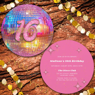 16th Birthday Party Gold Pink Glitter Disco Ball Invitation