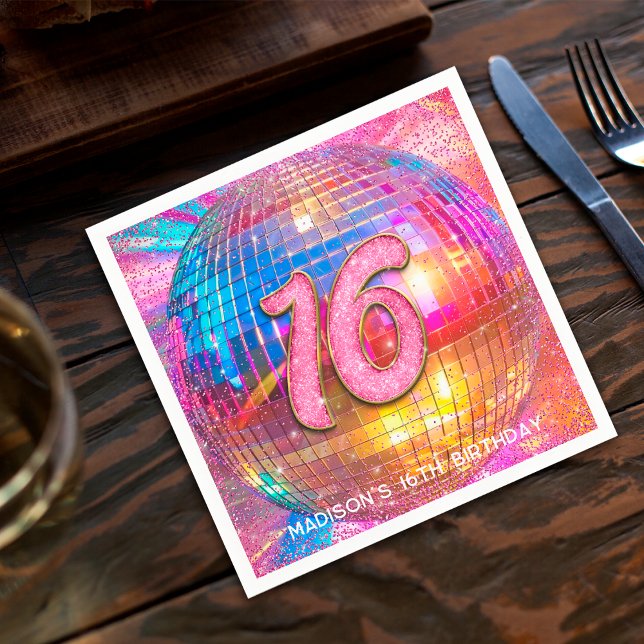 16th Birthday Party Gold Pink Glitter Disco Ball Napkin (Creator Uploaded)
