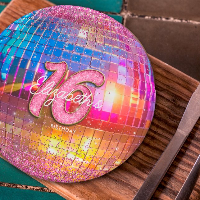 16th Birthday Party Gold Pink Glitter Disco Ball Paper Plate (Creator Uploaded)