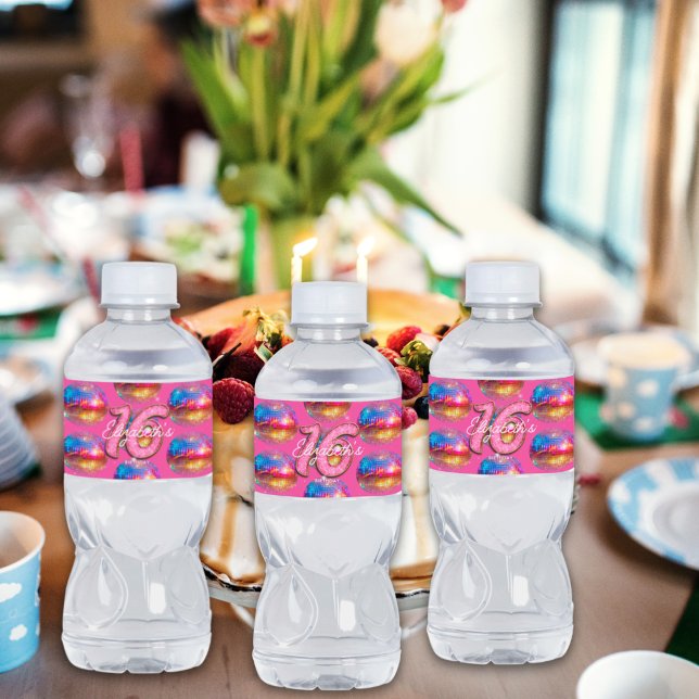 16th Birthday Party Gold Pink Glitter Disco Ball Water Bottle Label (Creator Uploaded)