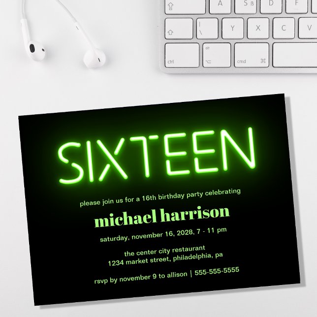 16th Birthday Party Green Neon Lights Invitation (Creator Uploaded)