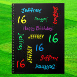 16th Birthday Party Guest Book, Repeat Name spiral Notebook<br><div class="desc">What a wonderful, personalised name spiral notebook Guest Book for a 16th birthday party or any other occasion. On the cover, Name and Age repeats in different fonts and primary colours on a black background. Easy to personalise - just CHANGE NAME, AGE, and OCCASION in ONE PLACE. Supports name up...</div>