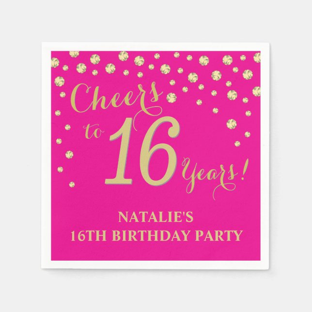 16th Birthday Party Hot Pink and Gold Diamond Napkin (Front)
