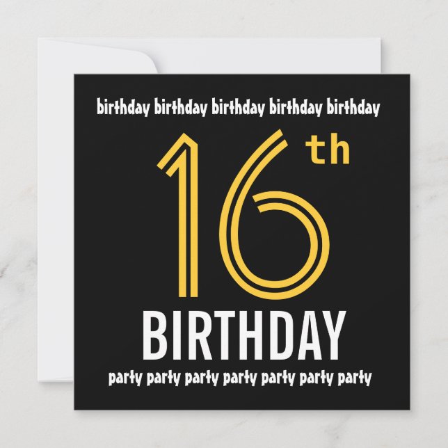 16th Birthday Party Modern Gold and Black Invitation (Front)