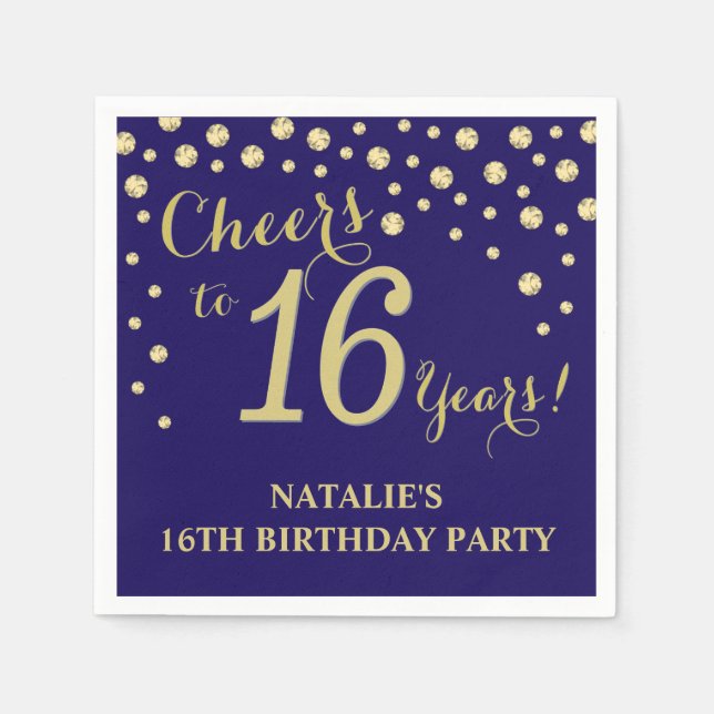 16th Birthday Party Navu Blue and Gold Diamond Napkin (Front)