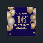 16th Birthday Party Navy Blue and Gold Balloons 15 Cm Square Badge<br><div class="desc">16th Birthday Party Navy Blue and Gold Balloons and Confetti Button. For further customisation,  please click the "Customise it" button and use our design tool to modify this template.</div>