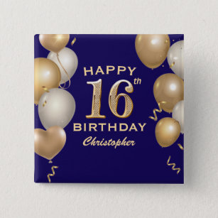 16th Birthday Party Navy Blue and Gold Balloons 15 Cm Square Badge