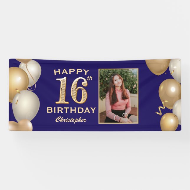 16th Birthday Party Navy Blue and Gold Balloons Banner (Horizontal)