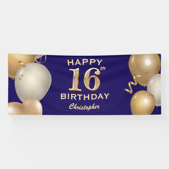16th Birthday Party Navy Blue and Gold Balloons Banner (Horizontal)