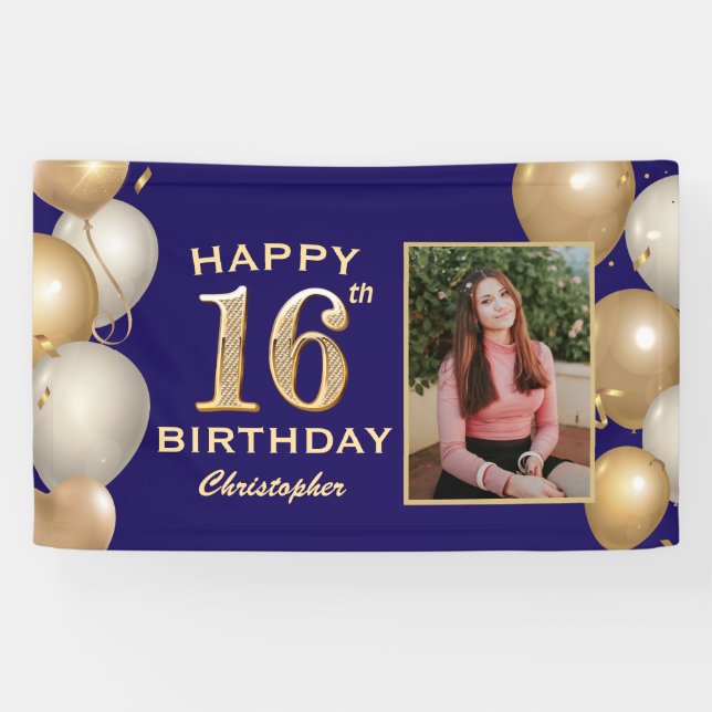 16th Birthday Party Navy Blue and Gold Balloons Banner (Horizontal)