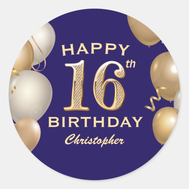 16th Birthday Party Navy Blue and Gold Balloons Classic Round Sticker (Front)