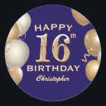 16th Birthday Party Navy Blue and Gold Balloons Classic Round Sticker<br><div class="desc">16th Birthday Party Navy Blue and Gold Balloons and Confetti Sticker. For further customisation,  please click the "Customise it" button and use our design tool to modify this template.</div>