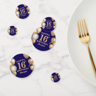 16th Birthday Party Navy Blue and Gold Balloons Confetti