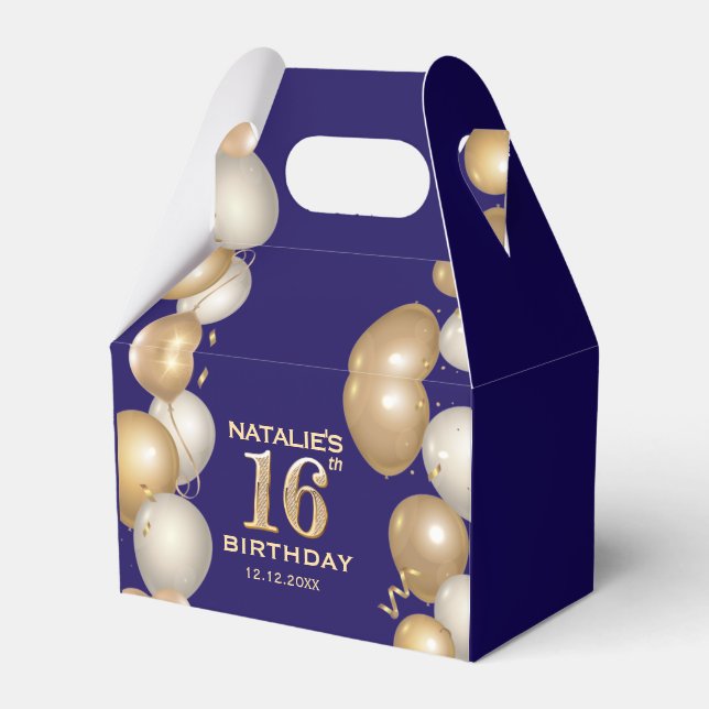 16th Birthday Party Navy Blue and Gold Balloons Favour Box (Front Side)
