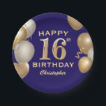 16th Birthday Party Navy Blue and Gold Balloons Paper Plate<br><div class="desc">16th Birthday Party Navy Blue and Gold Balloons and Confetti Paper Plates. For further customisation,  please click the "Customise it" button and use our design tool to modify this template.</div>