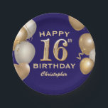 16th Birthday Party Navy Blue and Gold Balloons Paper Plate<br><div class="desc">16th Birthday Party Navy Blue and Gold Balloons and Confetti Paper Plates. For further customisation,  please click the "Customise it" button and use our design tool to modify this template.</div>