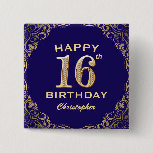 16th Birthday Party Navy Blue and Gold Glitter 15 Cm Square Badge