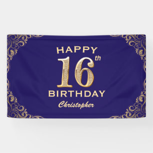 16th Birthday Party Navy Blue and Gold Glitter Banner