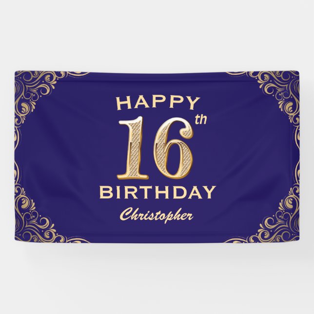 16th Birthday Party Navy Blue and Gold Glitter Banner (Horizontal)