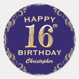 16th Birthday Party Navy Blue and Gold Glitter Classic Round Sticker
