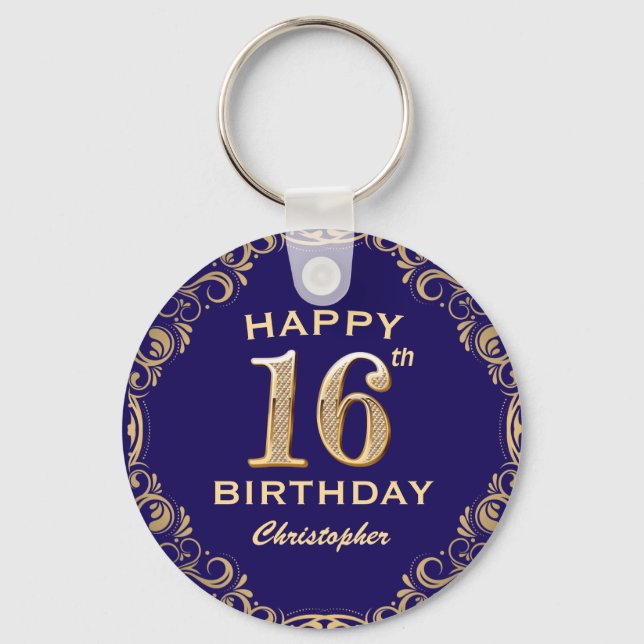 16th Birthday Party Navy Blue and Gold Glitter Key Ring (Front)
