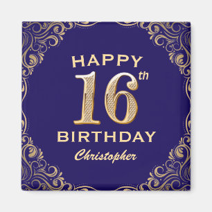 16th Birthday Party Navy Blue and Gold Glitter Magnet