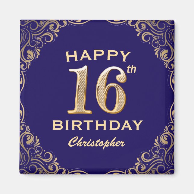 16th Birthday Party Navy Blue and Gold Glitter Magnet (Front)