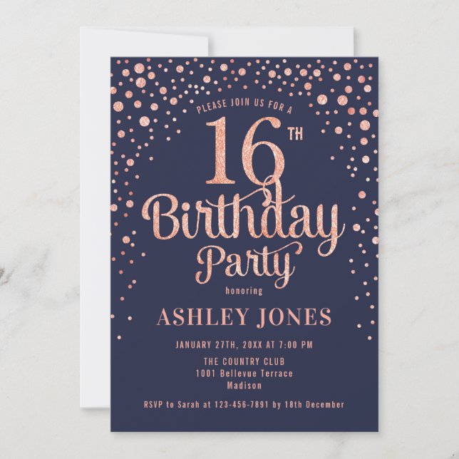 16th Birthday Party - Navy & Rose Gold Invitation (Front)