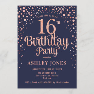 16th Birthday Party - Navy & Rose Gold Invitation