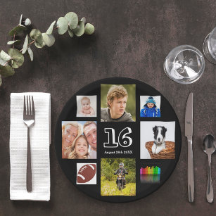 16th birthday party photo collage boy black paper plate