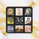 16th birthday party photo collage boy black square sticker<br><div class="desc">A sticker for a 16th birthday party for a boy,  celebrating his life with a collage of 8 of your photos.  Templates for the age 16 and a date.  Date of birth or the date of the party.  Black coloured letters.  Black background.</div>