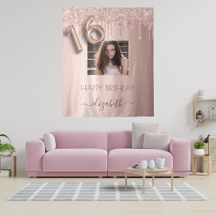 16th birthday party photo rose gold glitter pink tapestry