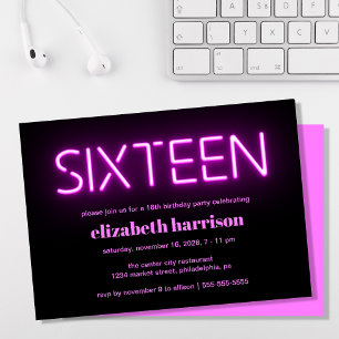 16th Birthday Party Pink Neon Lights Invitation