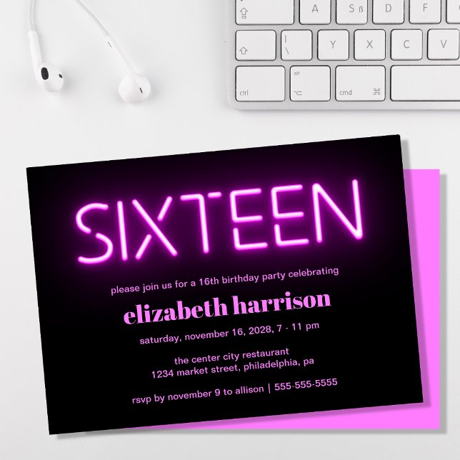 16th Birthday Party Pink Neon Lights Invitation (Creator Uploaded)